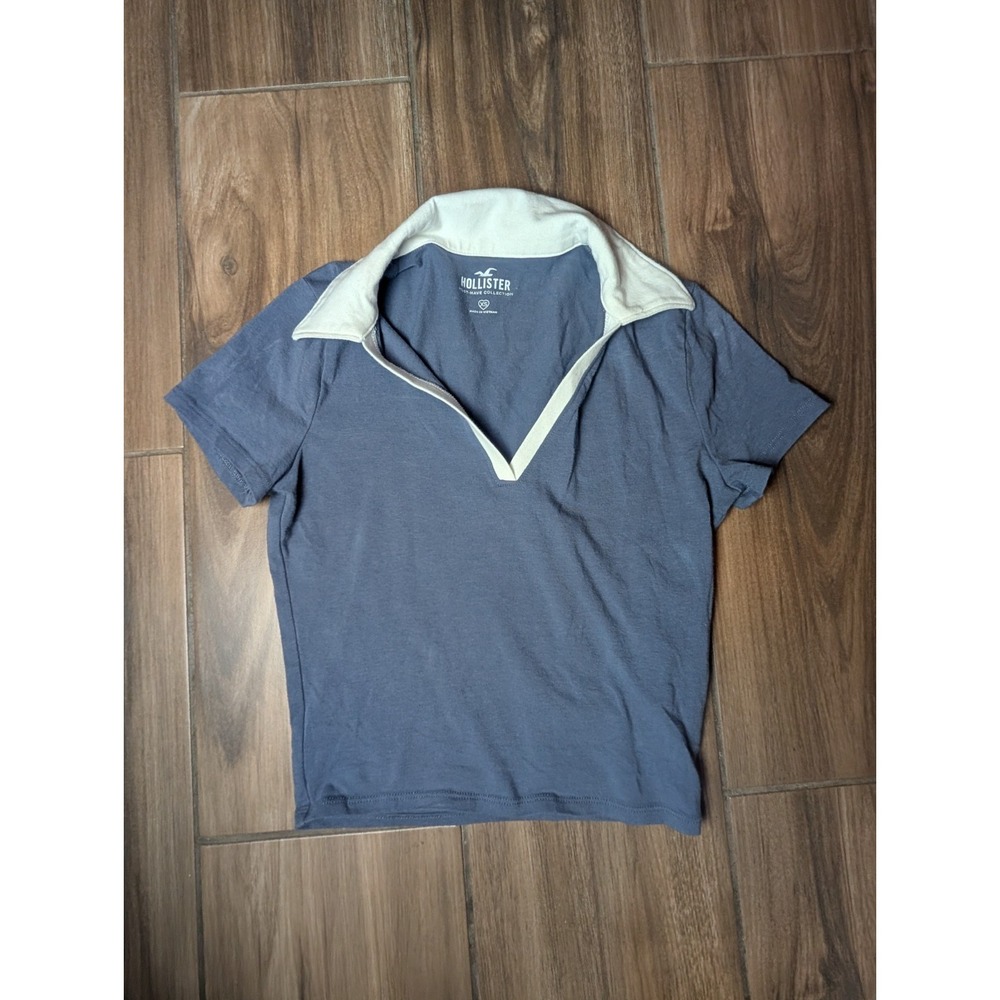 Hollister Women's XS Polo Top Blue White Contrast Collar Short Sleeve Y2K Preppy